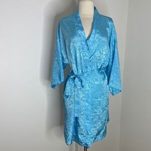 Dentelle Vintage Blue Coquette Floral Satin Brocade Robe XL Kimono Wrap Short